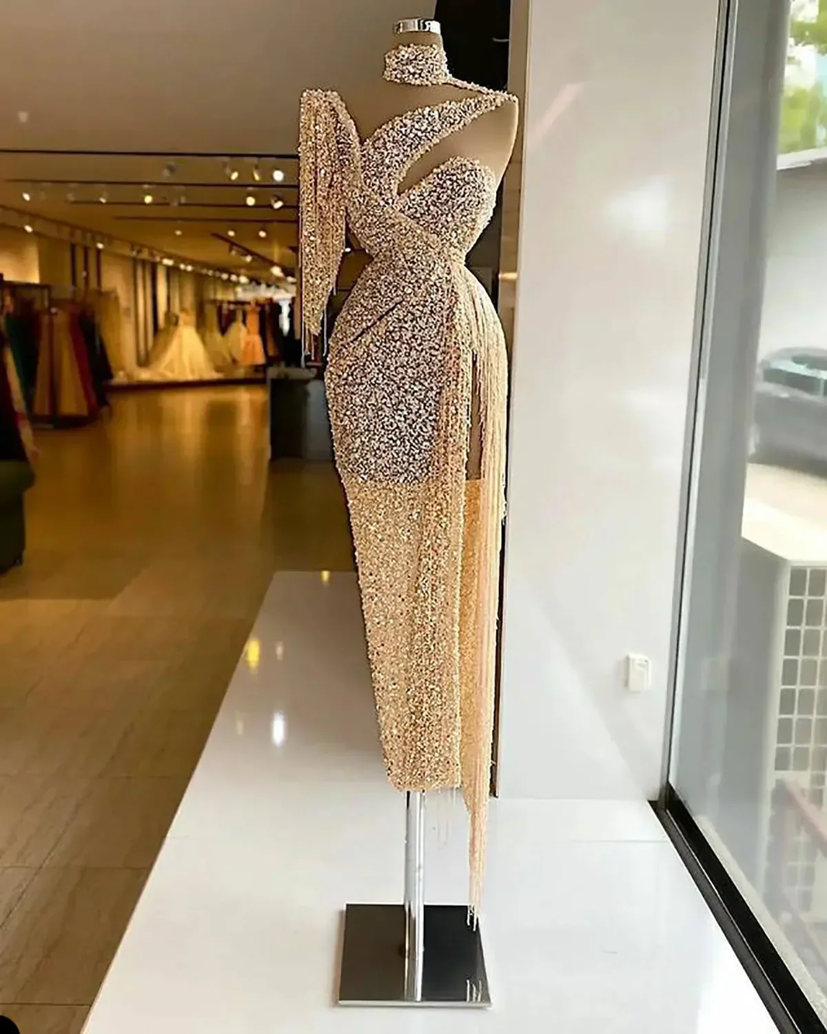 Sparkly Sequin Evening Dress Side Slit Prom Dress One Shoulder Tassels Custom Made Y6411 - Image 3