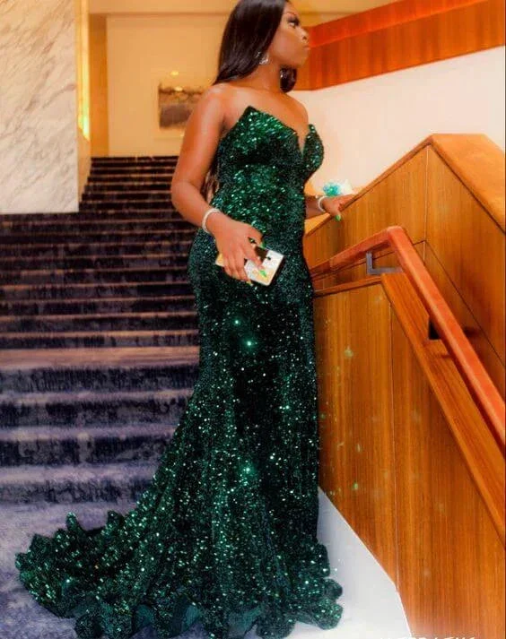 Sparkly Sequin Green Long Mermaid Evening Dresses Black Women Y558 - Image 2