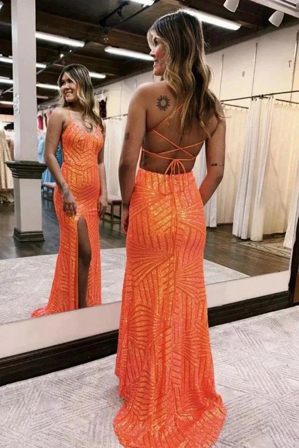 Sparkly Sequin Orange Long Glitter Prom  Dress With Split PSK443 - Image 3