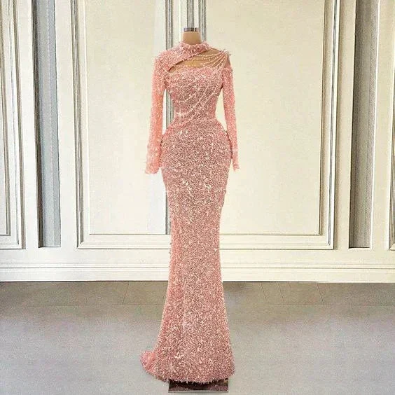 Sparkly Sequin Pink Mermaid Long Prom Dresses For Graduation Party  Luxury Full Sleeves Women Formal Evening Gowns Y6864 - Image 2