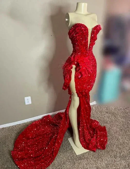 Sparkly Sequined Red Sweetheart Long Prom Dress For Black Girls Feathers Birthday Party Gowns High Slit Evening Gown Y6599 - Image 2