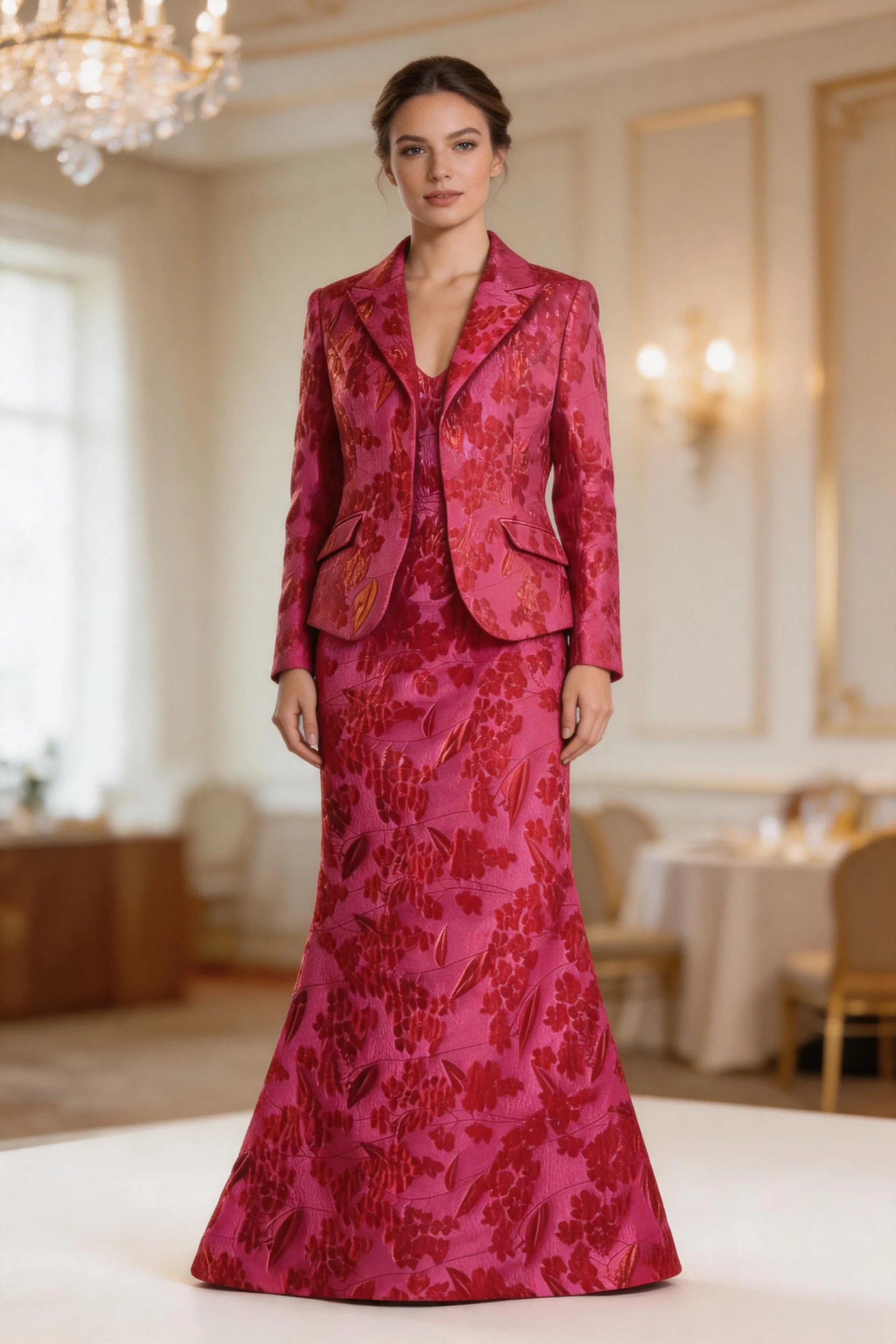 Elegant Crimson Floral Jacquard Two‑Piece Evening Gown with Tailored Jacket