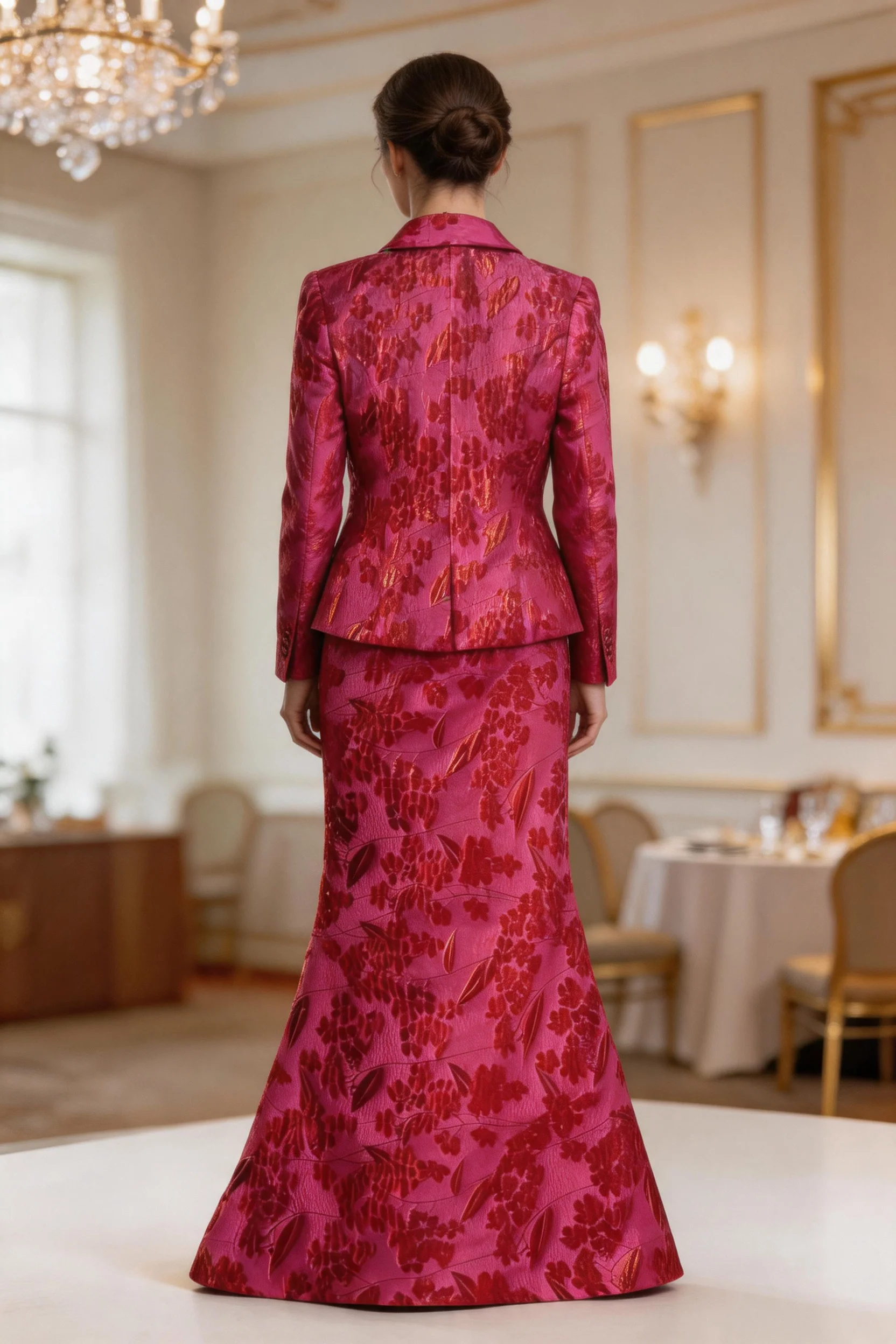 Elegant Crimson Floral Jacquard Two‑Piece Evening Gown with Tailored Jacket - Image 2
