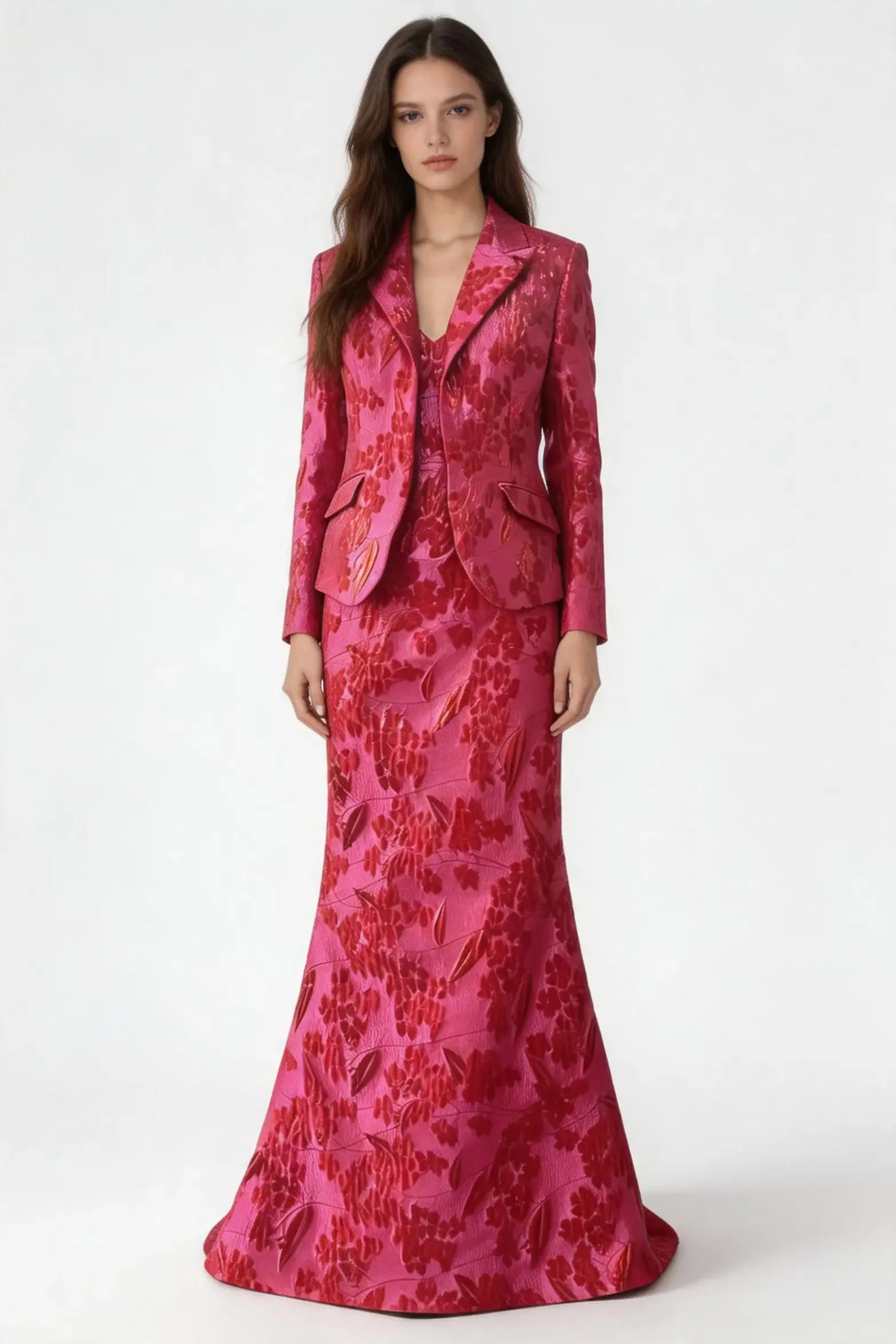 Elegant Crimson Floral Jacquard Two‑Piece Evening Gown with Tailored Jacket - Image 3