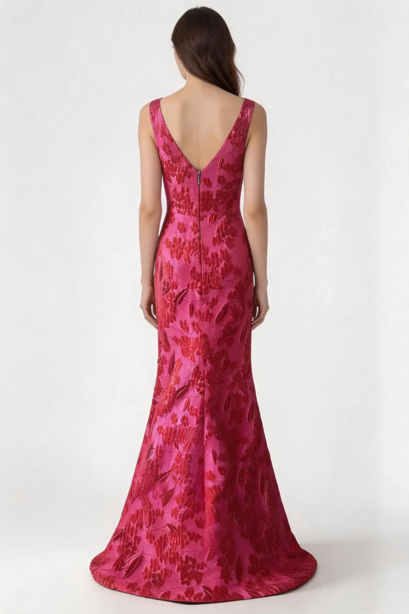 Elegant Crimson Floral Jacquard Two‑Piece Evening Gown with Tailored Jacket - Image 5