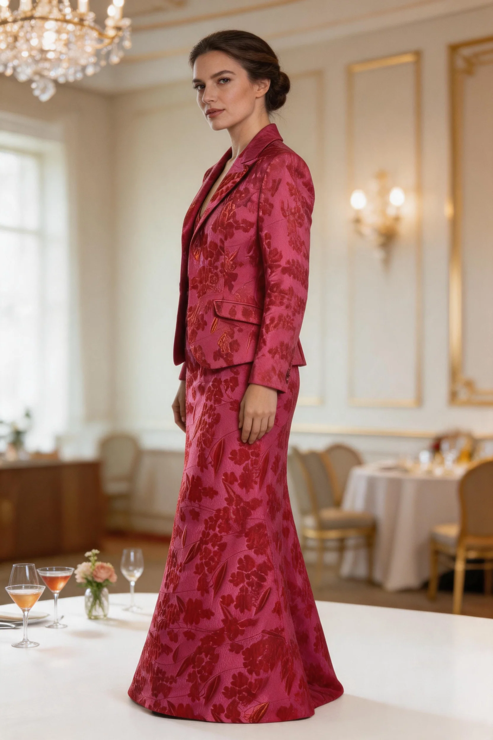 Elegant Crimson Floral Jacquard Two‑Piece Evening Gown with Tailored Jacket - Image 6