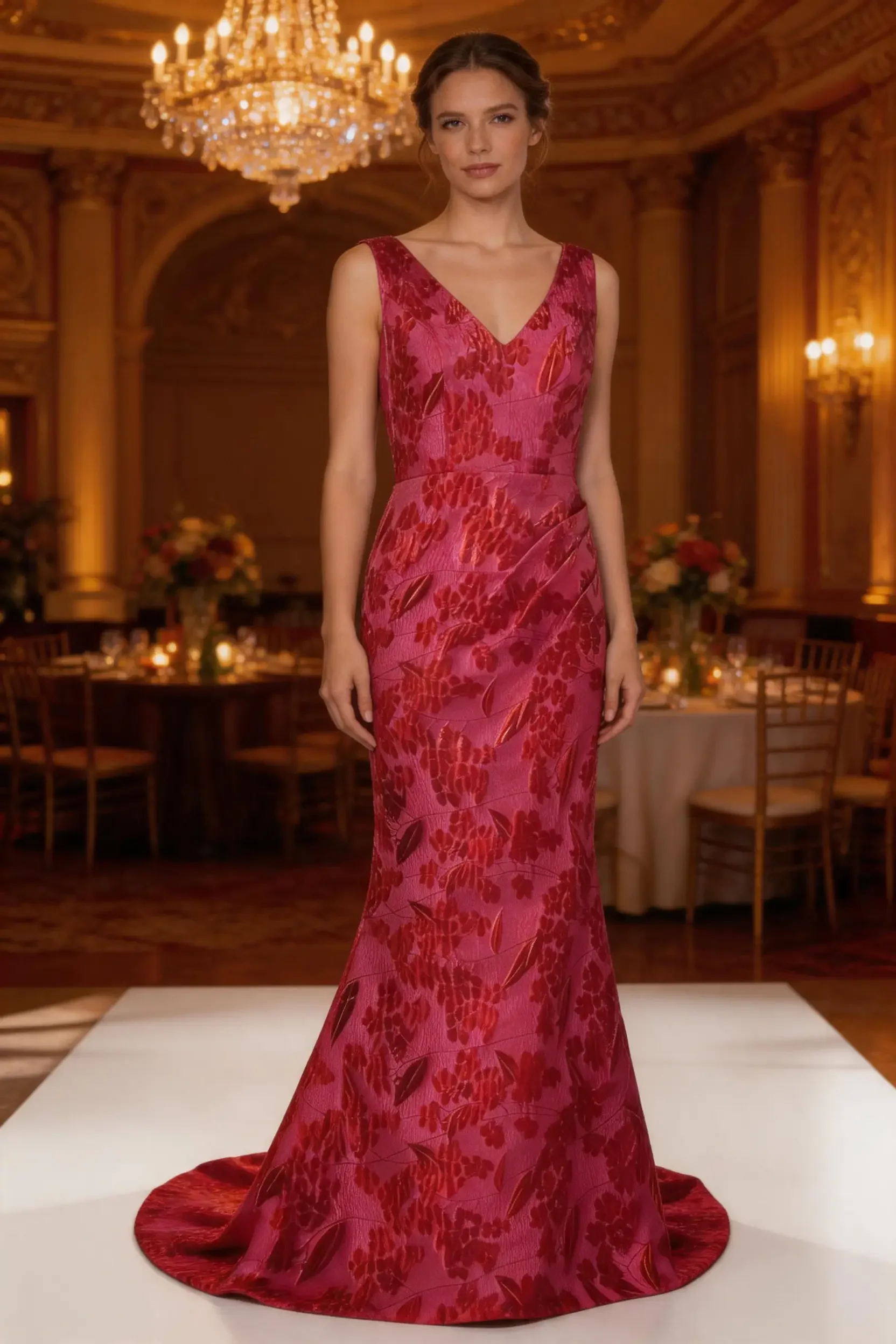 Elegant Crimson Floral Jacquard Two‑Piece Evening Gown with Tailored Jacket - Image 7