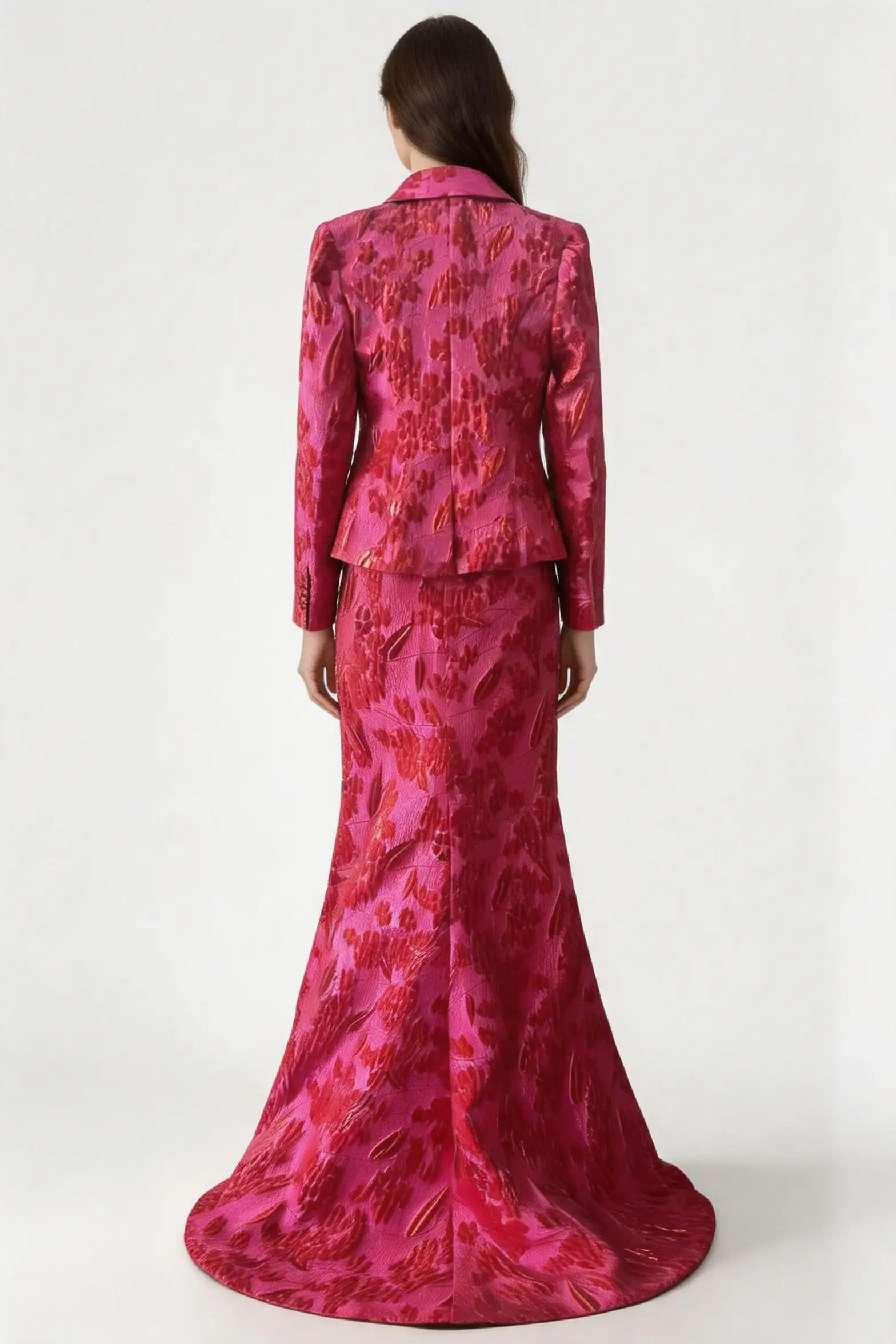 Elegant Crimson Floral Jacquard Two‑Piece Evening Gown with Tailored Jacket - Image 8