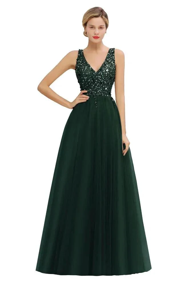 Sparkly Sequins V-Neck Aline Evening Maxi Dress Tulle Prom Dress - Image 10