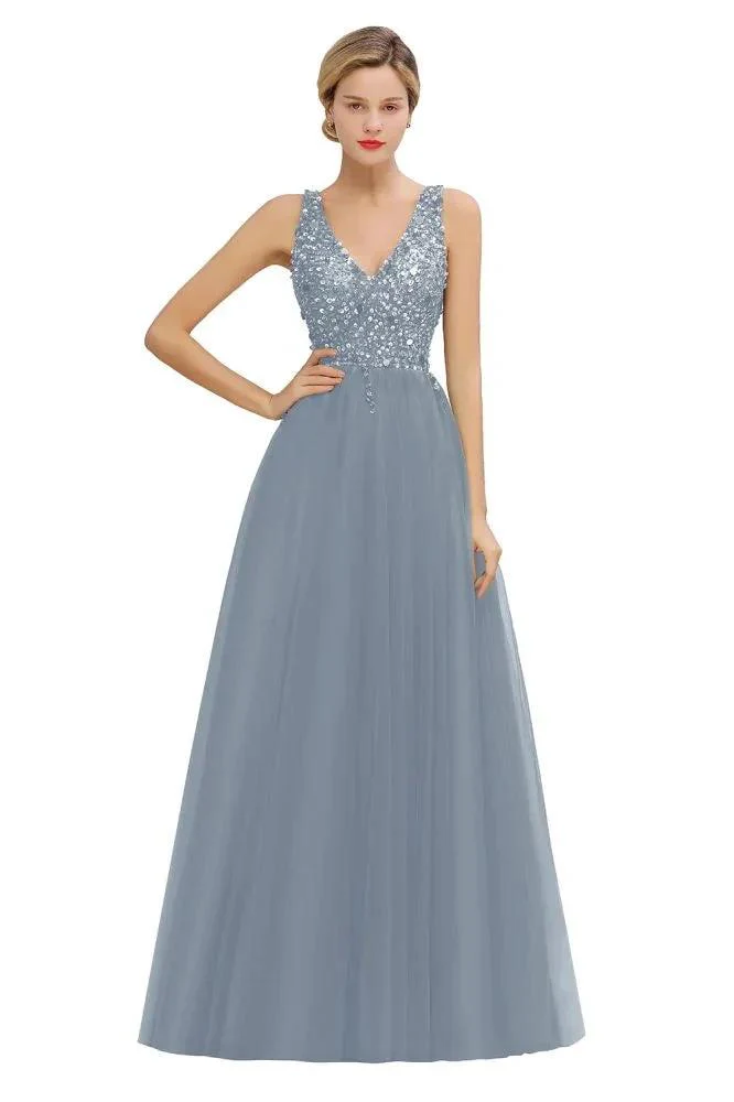 Sparkly Sequins V-Neck Aline Evening Maxi Dress Tulle Prom Dress - Image 11