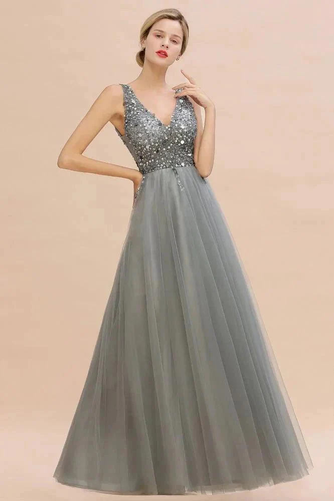 Sparkly Sequins V-Neck Aline Evening Maxi Dress Tulle Prom Dress - Image 12
