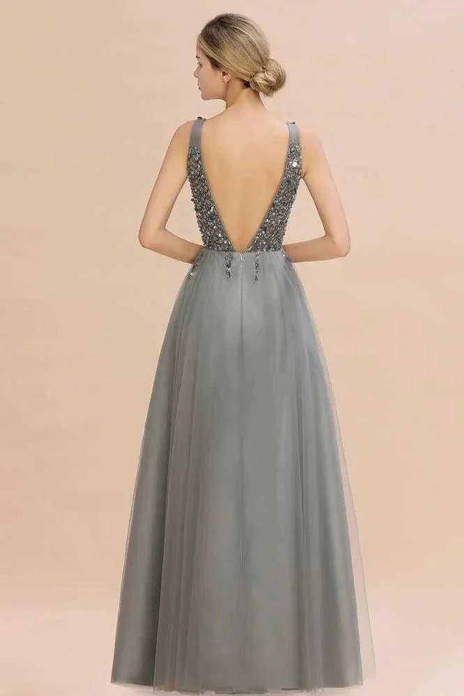 Sparkly Sequins V-Neck Aline Evening Maxi Dress Tulle Prom Dress - Image 13