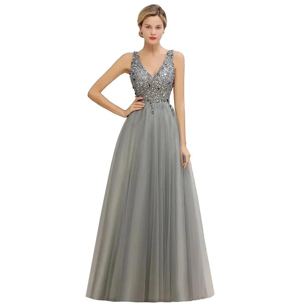 Sparkly Sequins V-Neck Aline Evening Maxi Dress Tulle Prom Dress - Image 14