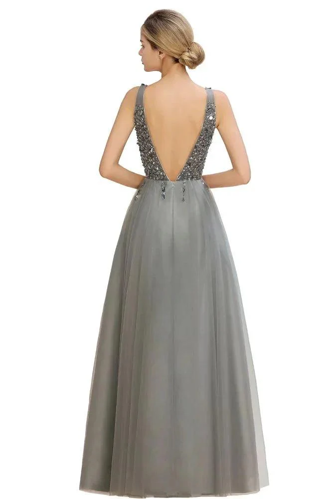 Sparkly Sequins V-Neck Aline Evening Maxi Dress Tulle Prom Dress - Image 15