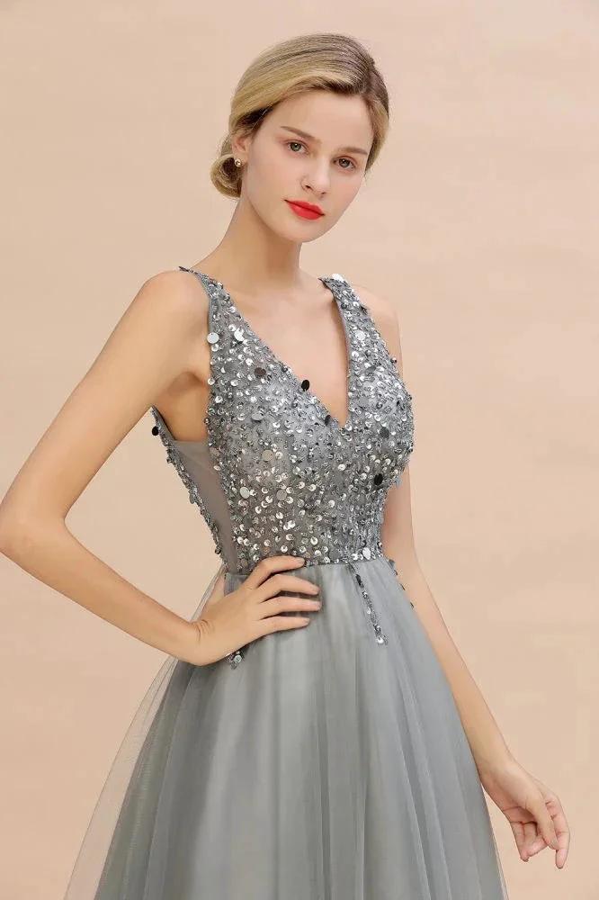 Sparkly Sequins V-Neck Aline Evening Maxi Dress Tulle Prom Dress - Image 16