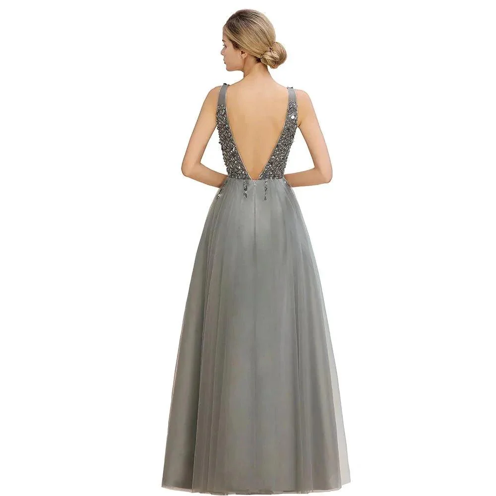 Sparkly Sequins V-Neck Aline Evening Maxi Dress Tulle Prom Dress - Image 17