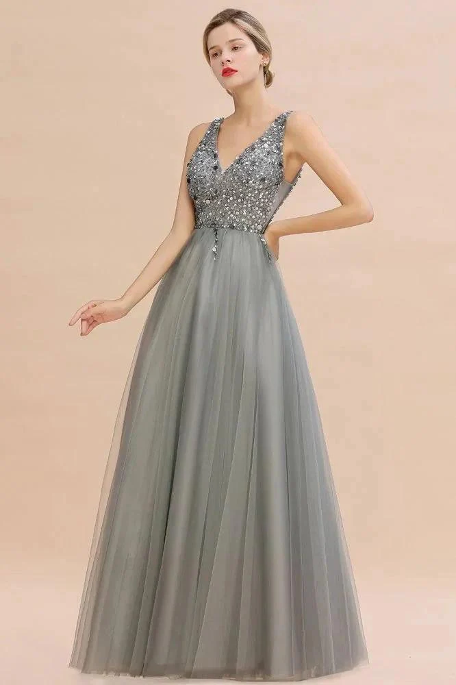 Sparkly Sequins V-Neck Aline Evening Maxi Dress Tulle Prom Dress - Image 2