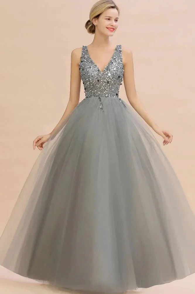 Sparkly Sequins V-Neck Aline Evening Maxi Dress Tulle Prom Dress - Image 3