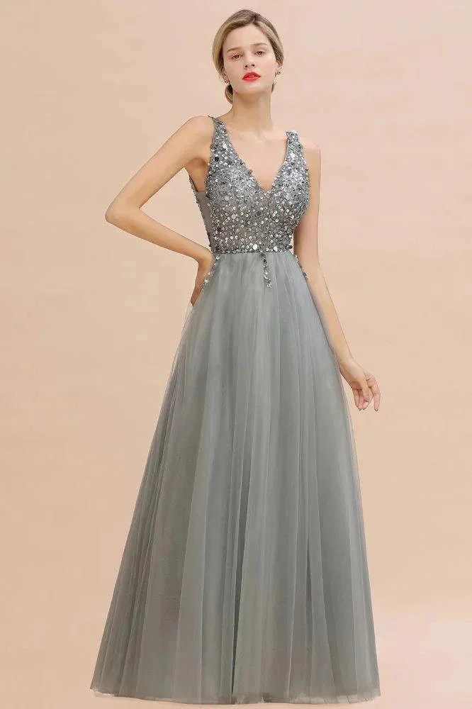 Sparkly Sequins V-Neck Aline Evening Maxi Dress Tulle Prom Dress - Image 4