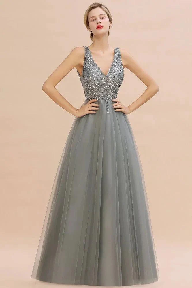 Sparkly Sequins V-Neck Aline Evening Maxi Dress Tulle Prom Dress - Image 5