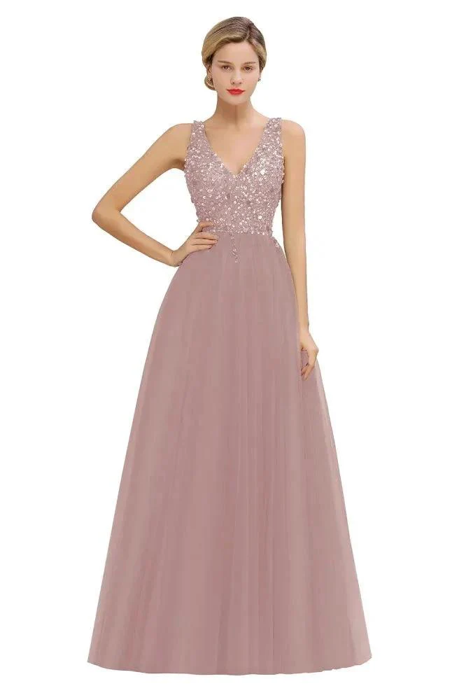 Sparkly Sequins V-Neck Aline Evening Maxi Dress Tulle Prom Dress - Image 6