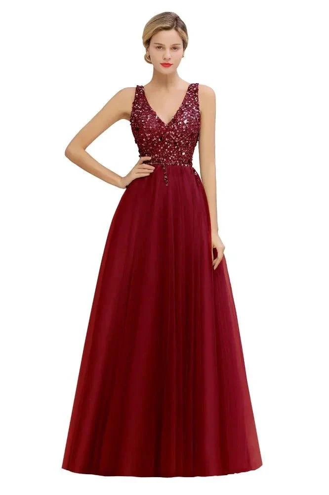 Sparkly Sequins V-Neck Aline Evening Maxi Dress Tulle Prom Dress - Image 7