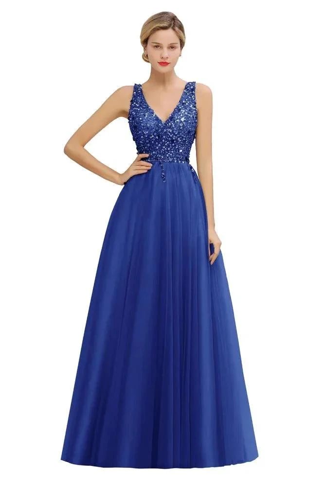 Sparkly Sequins V-Neck Aline Evening Maxi Dress Tulle Prom Dress - Image 8