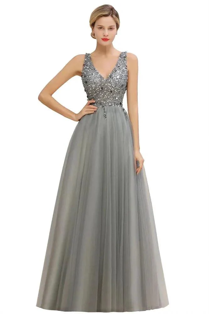 Sparkly Sequins V-Neck Aline Evening Maxi Dress Tulle Prom Dress - Image 9