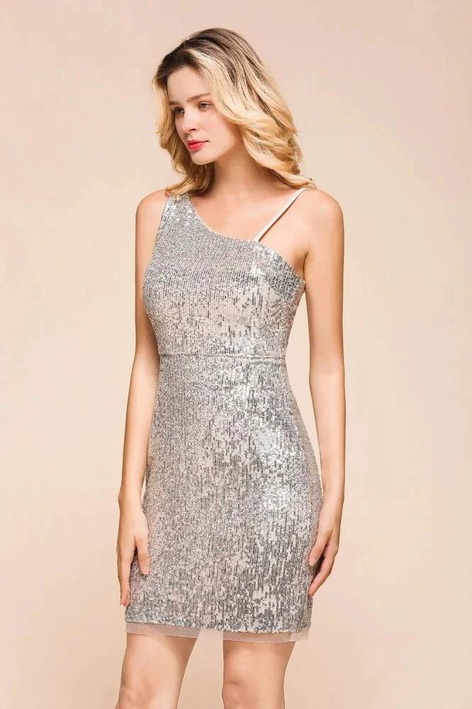 Sparkly Short Slim Cocktail Party Dress Sexy One Shoulder Mini Prom Dress - Image 4