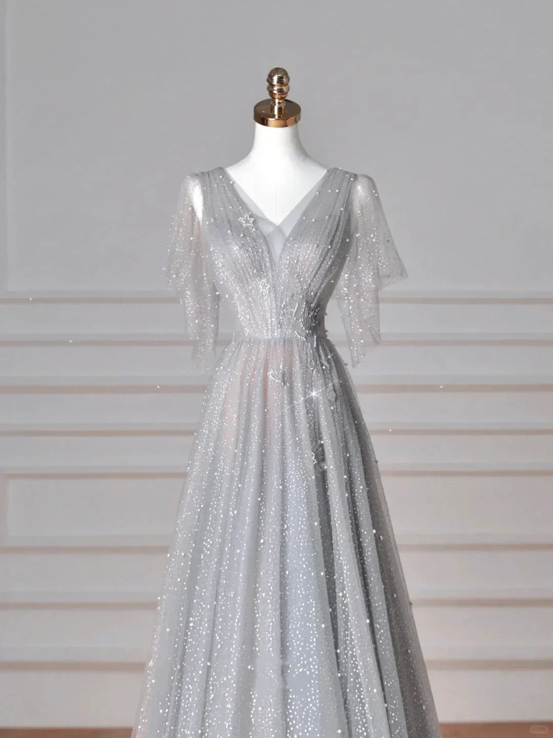 Sparkly Gray Tulle Sequins A Line Prom Dress Sexy V Neck Evening Dress Y8638 - Image 3