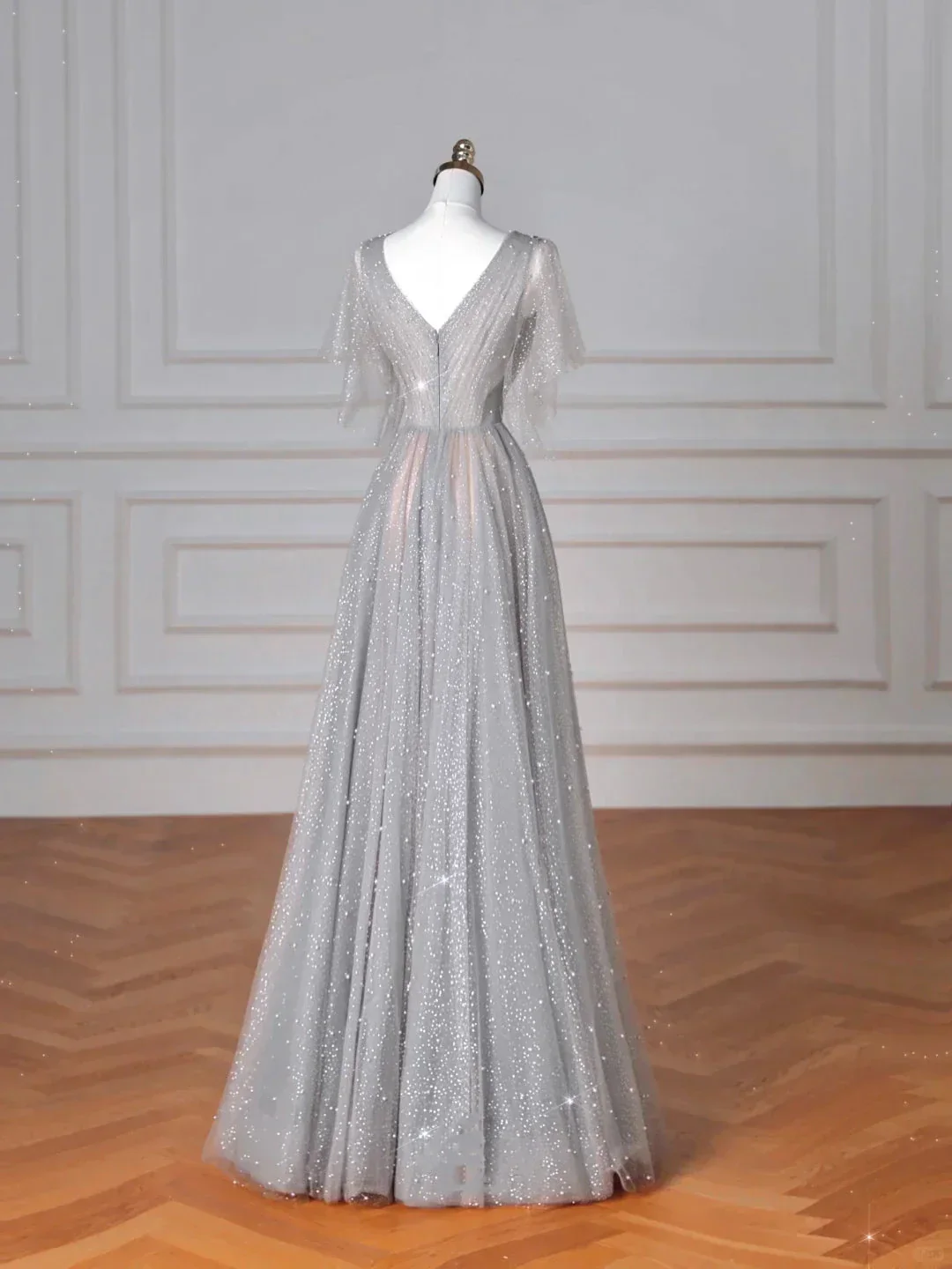 Sparkly Gray Tulle Sequins A Line Prom Dress Sexy V Neck Evening Dress Y8638 - Image 4