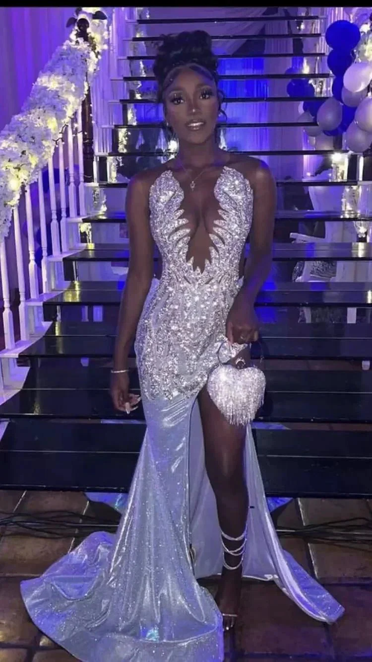 Sparkly Silver Mermaid Evening Dress Black Girls Prom Dress Y1706 - Image 2