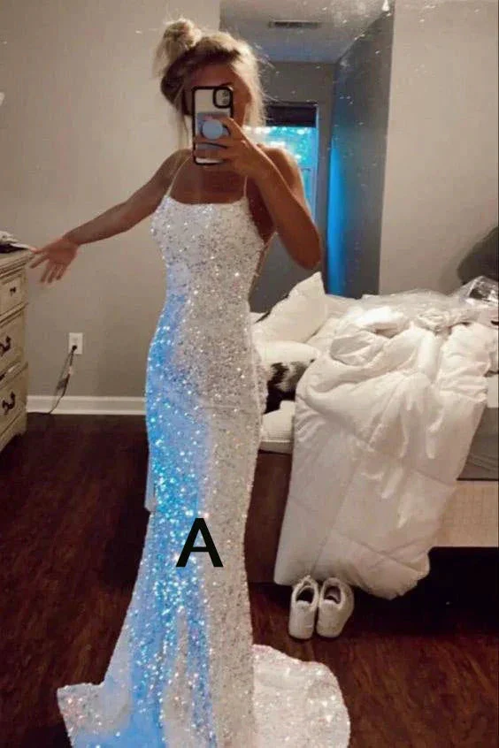 Sparkly Spaghetti Straps Mermaid White Sequin Prom Evening Dress Y8071 - Image 2