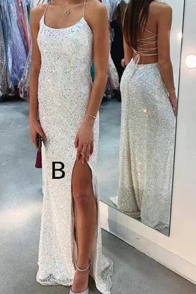 Sparkly Spaghetti Straps Mermaid White Sequin Prom Evening Dress Y8071 - Image 5