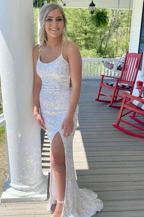 Sparkly Spaghetti Straps Mermaid White Sequin Prom Evening Dress Y8071 - Image 6
