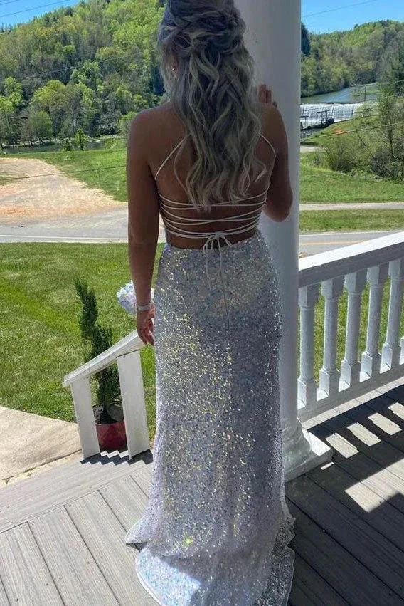 Sparkly Spaghetti Straps Mermaid White Sequin Prom Evening Dress Y8071 - Image 7