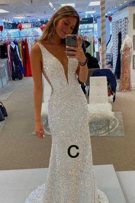 Sparkly Spaghetti Straps Mermaid White Sequin Prom Evening Dress Y8071 - Image 8