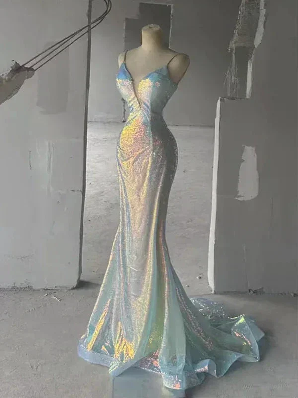 Sparkly Spaghetti Straps Sequins Mermaid V-neck Backless Long Prom Dresses Evening Dresses Y7804 - Image 2