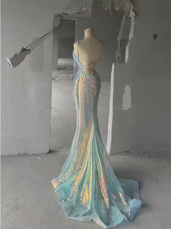 Sparkly Spaghetti Straps Sequins Mermaid V-neck Backless Long Prom Dresses Evening Dresses Y7804 - Image 3