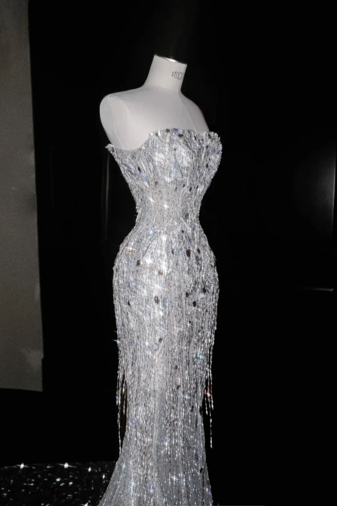 Sparkly Strapless Tulle Sequins Tassel Evening Dress,Slit Mermaid Prom Dress Wedding Dress Y8674 - Image 2