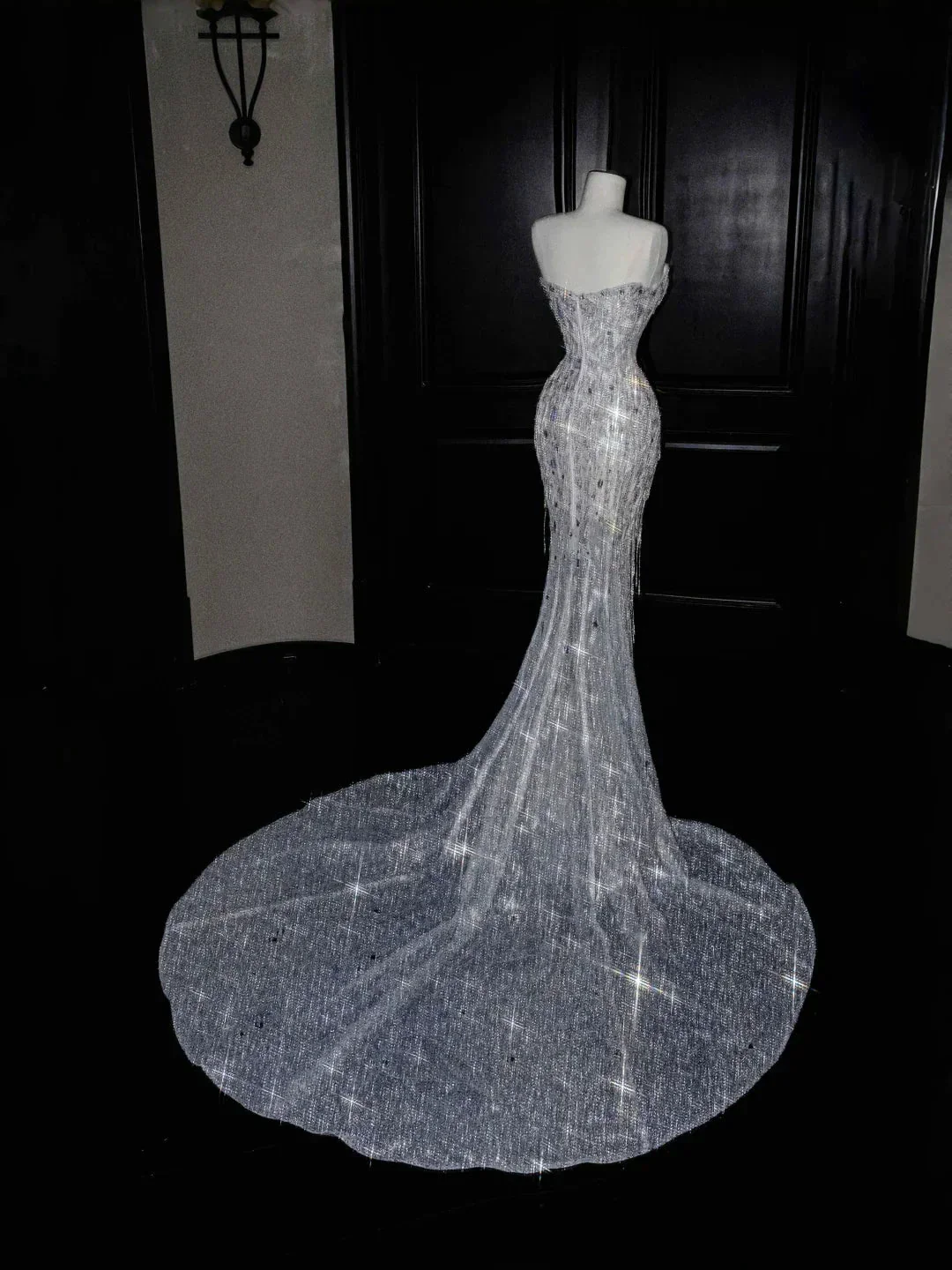 Sparkly Strapless Tulle Sequins Tassel Evening Dress,Slit Mermaid Prom Dress Wedding Dress Y8674 - Image 3