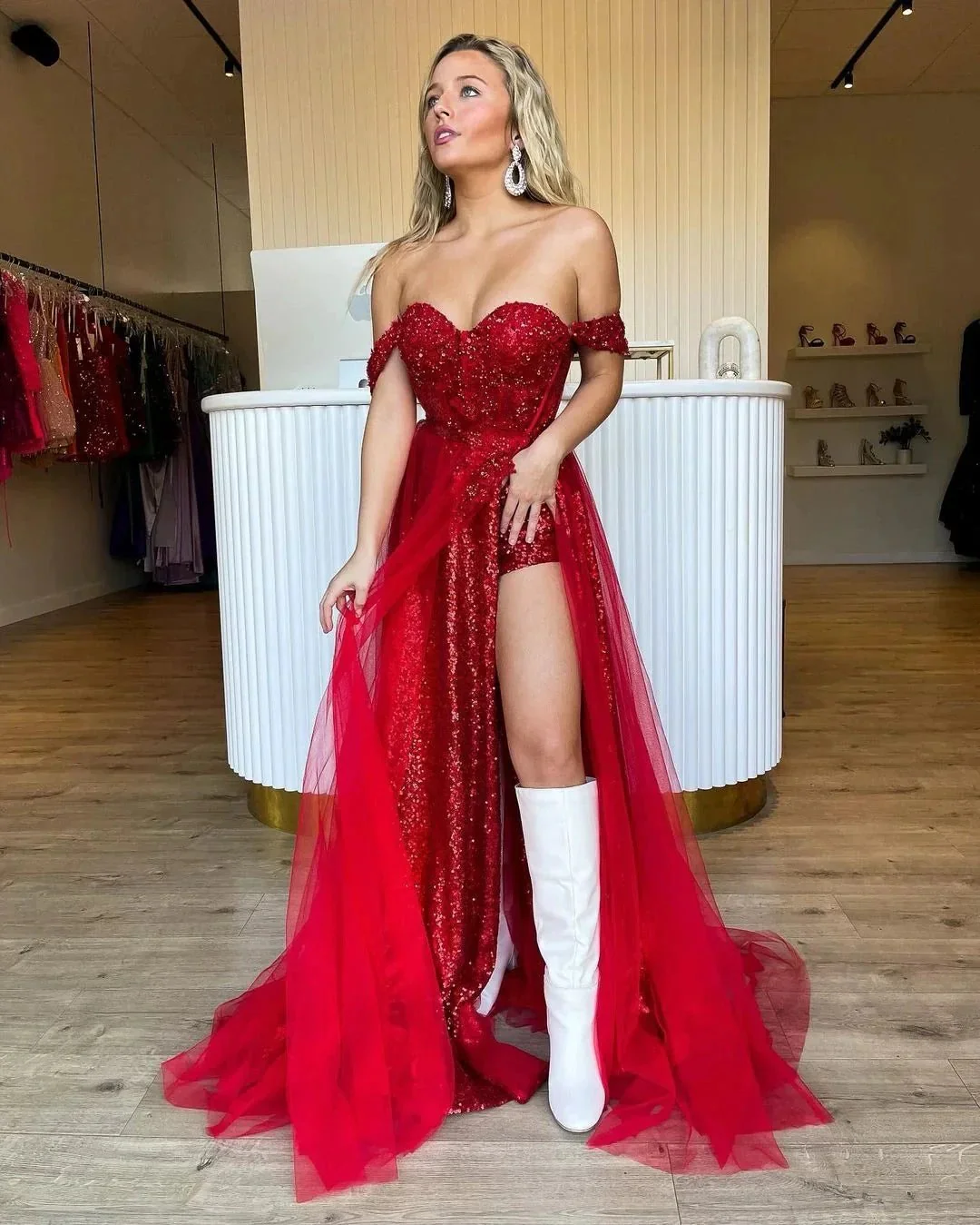 Ashlee | Sparkly Tow Piece Off the Shoulder Red Sequins Long Prom Dresses - Image 2