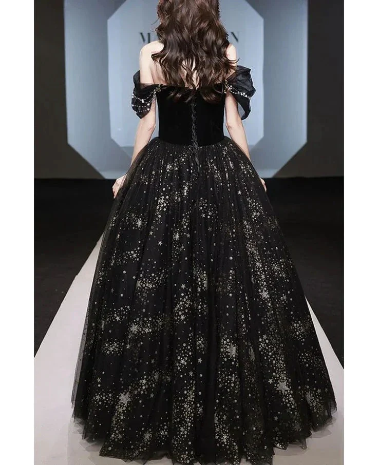 Sparkly Tulle Sequins A Line Ball Gown Off The Shoulder Black Prom Evening Dress Y8034 - Image 2