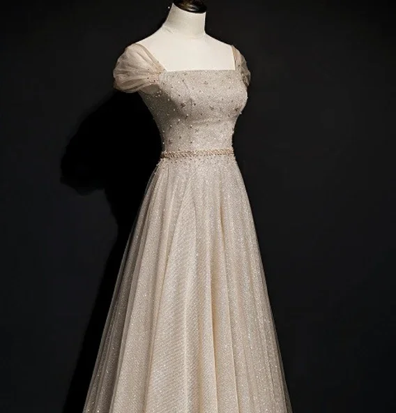 Sparkly Tulle Sequins Square Beading Prom Dress Long A Line Ball Gown Party Dress Y7585 - Image 2