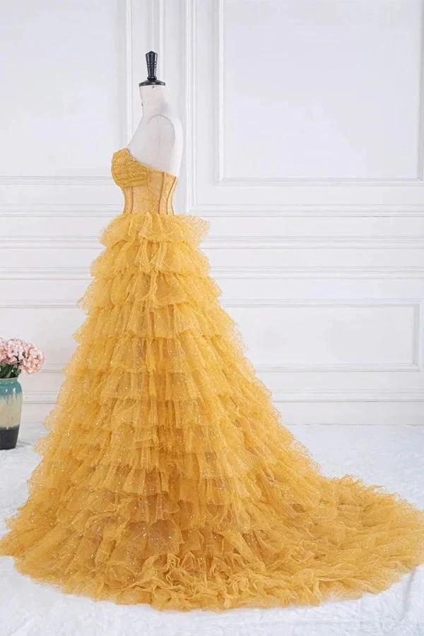 Sparkly Tiered Ruffles Gold Prom Dress Strapless Evening Dress PSK569 - Image 3
