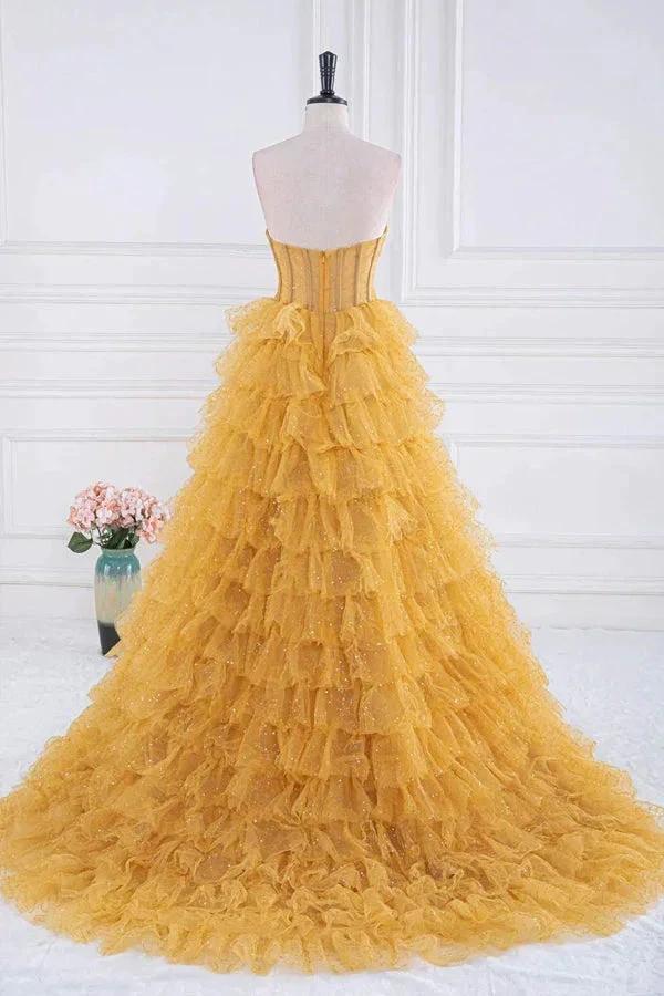 Sparkly Tiered Ruffles Gold Prom Dress Strapless Evening Dress PSK569 - Image 4