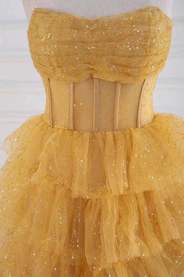 Sparkly Tiered Ruffles Gold Prom Dress Strapless Evening Dress PSK569 - Image 5