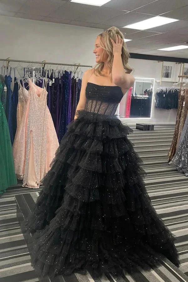 Sparkly Tiered Ruffles Gold Prom Dress Strapless Evening Dress PSK569 - Image 7