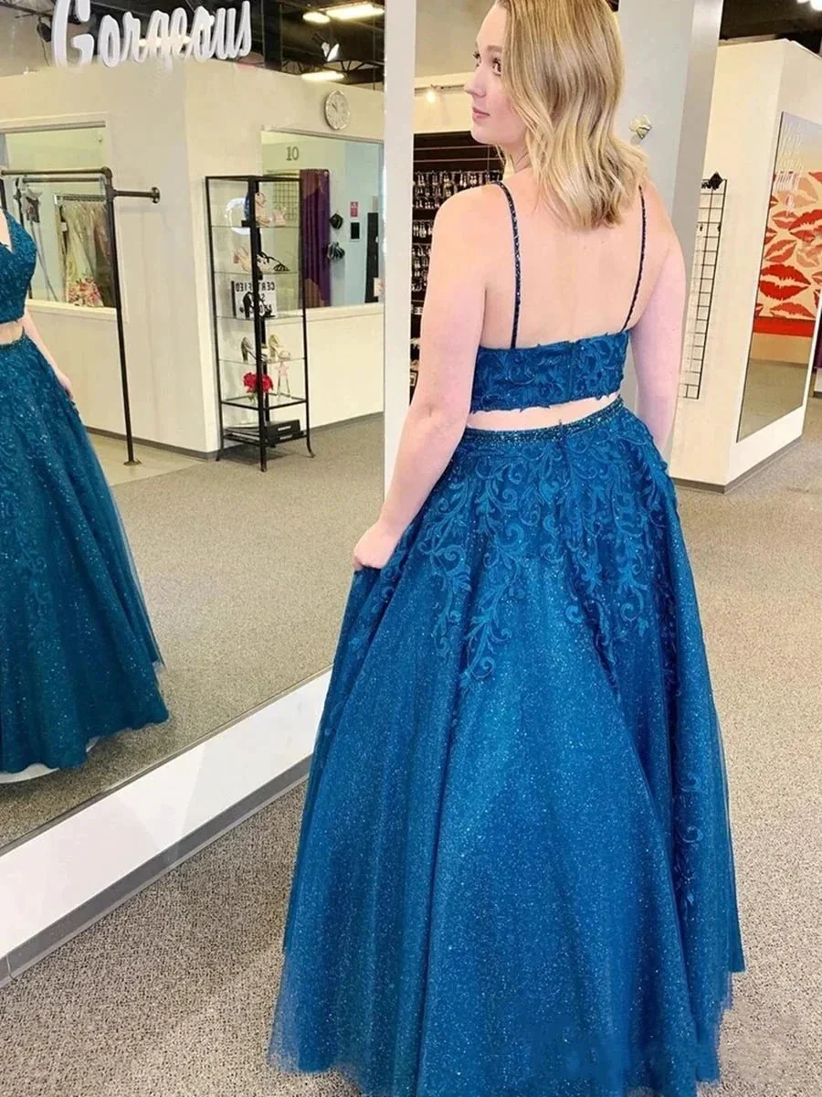 Sparkly Two Pieces Long A Line V Neck Lace Appliques Tulle Formal Prom Dresses - Image 2