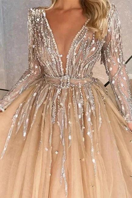 Sparkly V-neck A-line Long Sleeves Ball Gown Prom Dresses With Beads - Image 2
